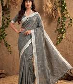 Grey linen cotton fabric woven meena rich pallu border designer saree