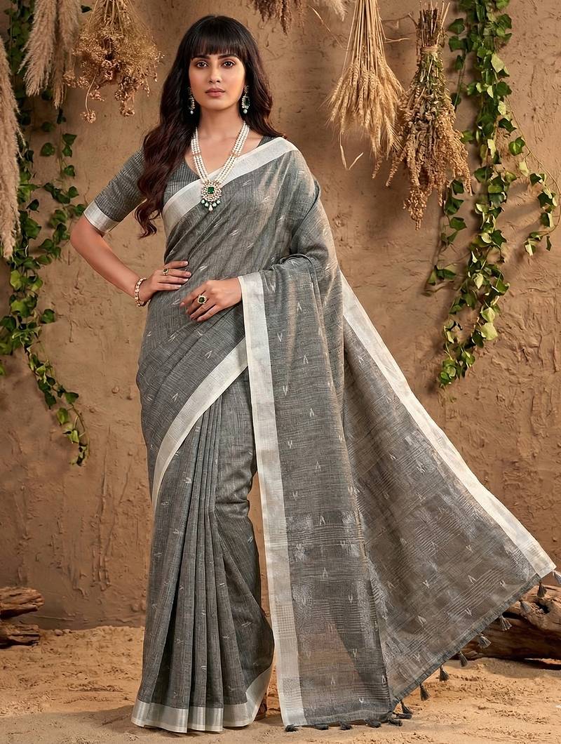 Grey color linen cotton fabric woven meena rich pallu border designer saree