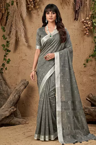 Grey linen cotton woven meena rich pallu border saree