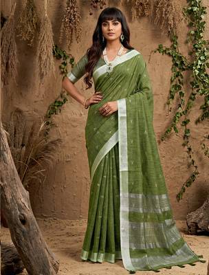 Green linen cotton woven meena rich pallu border saree 1