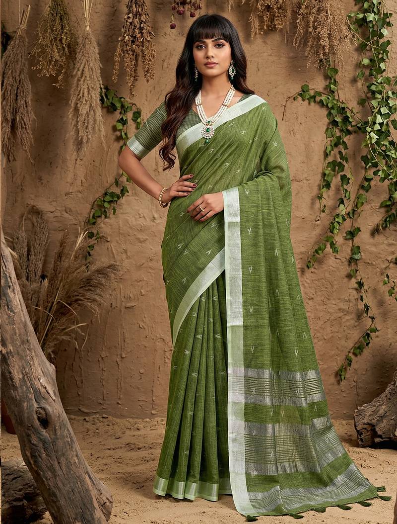 Green color linen cotton fabric woven meena rich pallu border designer saree