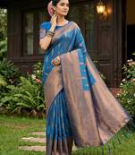 Blue silk blended woven designer ethnic partywear saree