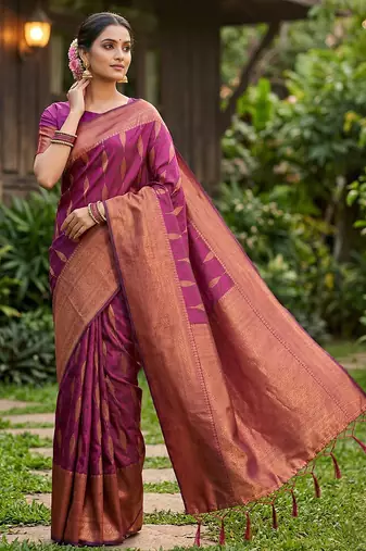 Purple silk blended woven designer ethnic partywear saree