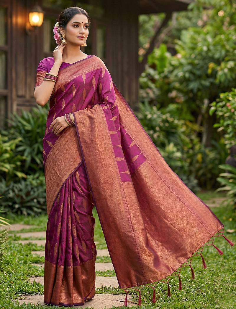 Purple color silk blended woven designer ethnic partywear saree