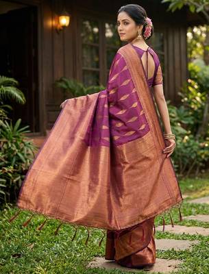Purple silk blend woven ethnic partywear saree 3