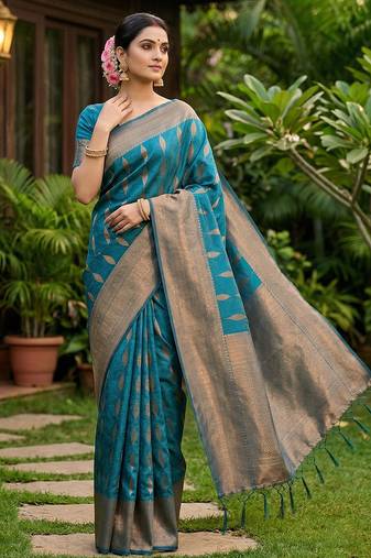 Rama green color silk blended woven designer ethnic partywear saree