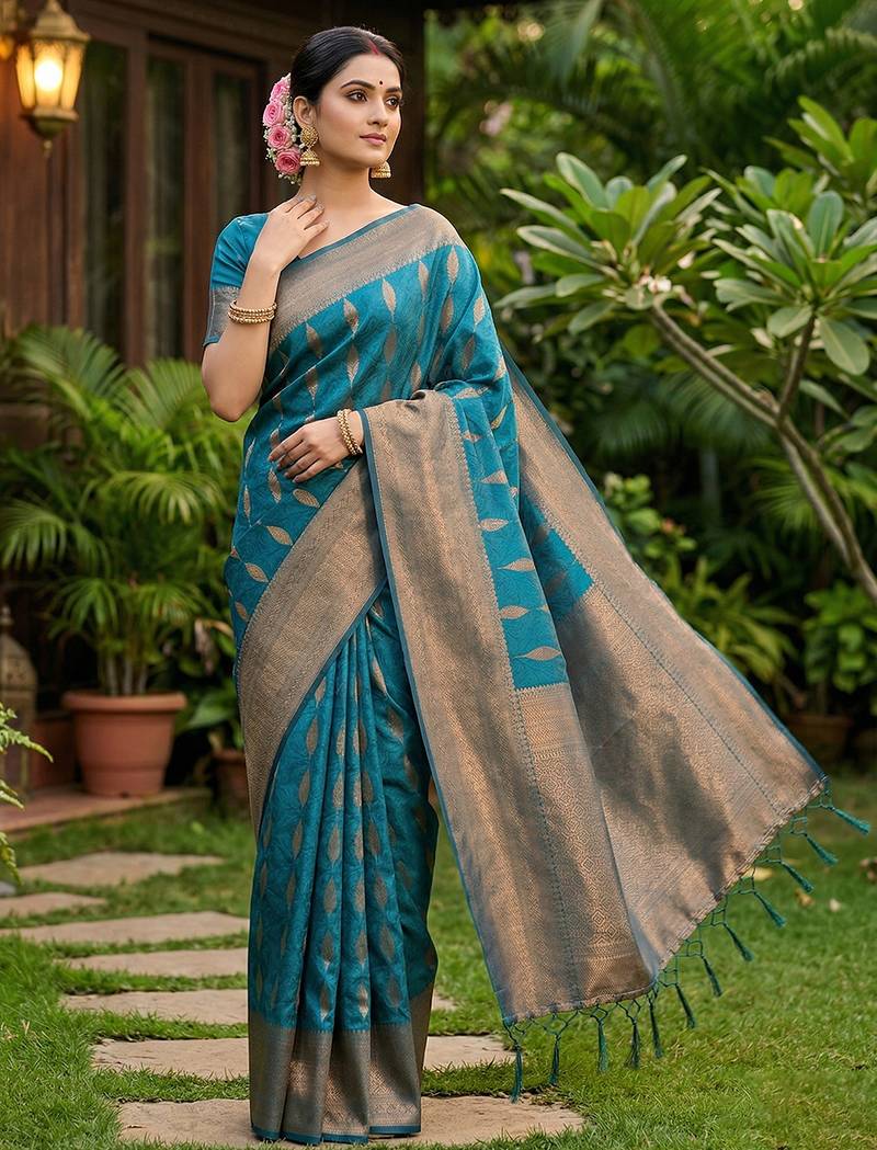 Rama green color silk blended woven designer ethnic partywear saree