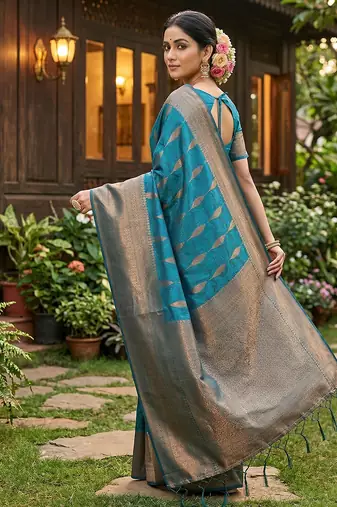 Rama green silk blend woven ethnic partywear saree