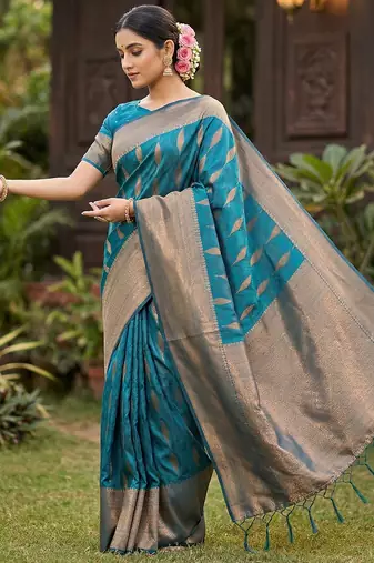 Rama green silk blend woven ethnic partywear saree