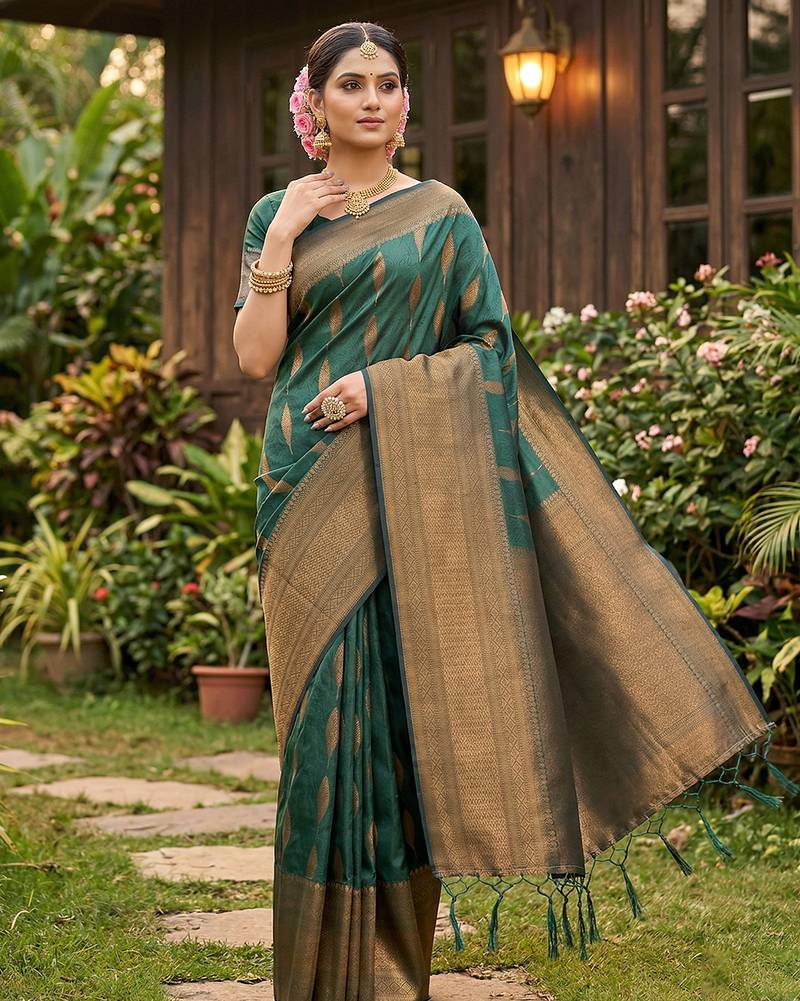 Green color silk blended woven designer ethnic partywear saree
