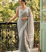 Grey linen fabric woven designer fancy ethnic saree