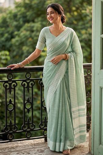 Rama color linen fabric woven designer fancy ethnic saree