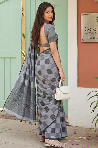 Grey woven linen cotton saree