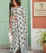Off white beautiful woven designer linen cotton saree