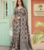 Brown beautiful woven designer linen cotton saree