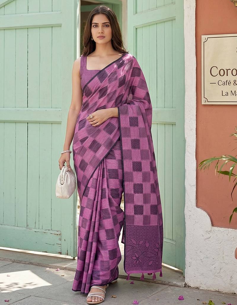 Purple color beautiful woven designer linen cotton saree