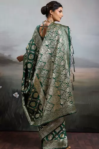 Green silk blend woven heavy ceremonial saree