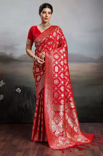 Red color silk blend fabric woven designer heavy ceremonial saree