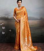 Orange silk blend fabric woven designer heavy ceremonial saree