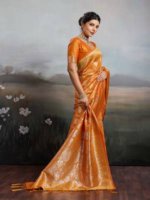 Orange silk blend woven heavy ceremonial saree 2