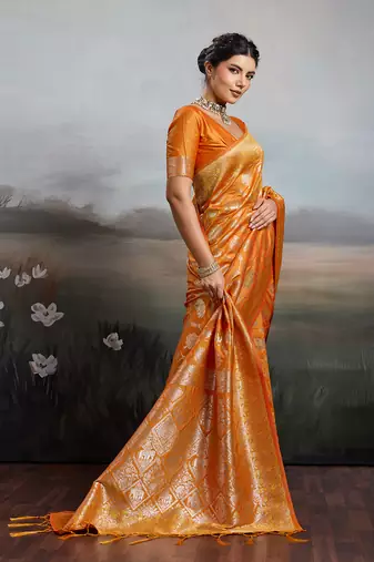 Orange silk blend woven heavy ceremonial saree