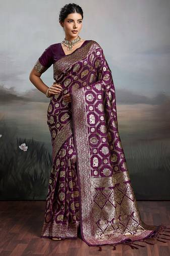 Wine color silk blend fabric woven designer heavy ceremonial saree