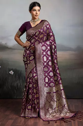 Wine silk blend fabric woven designer heavy ceremonial saree