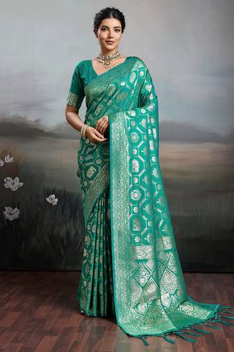 Rama green color silk blend fabric woven designer heavy ceremonial saree