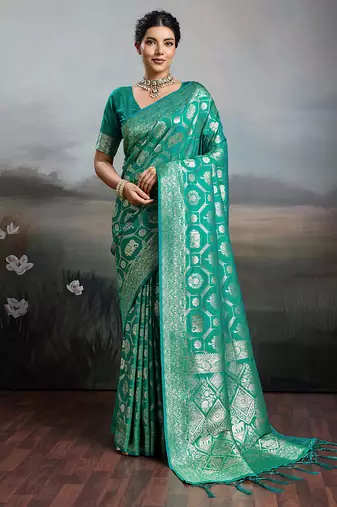 Rama green silk blend fabric woven designer heavy ceremonial saree