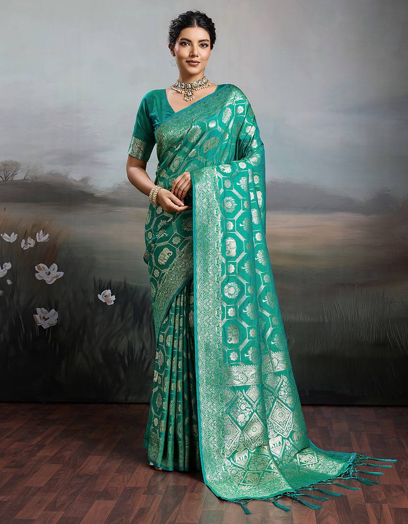 Rama green color silk blend fabric woven designer heavy ceremonial saree