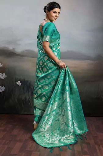 Rama green silk blend woven heavy ceremonial saree