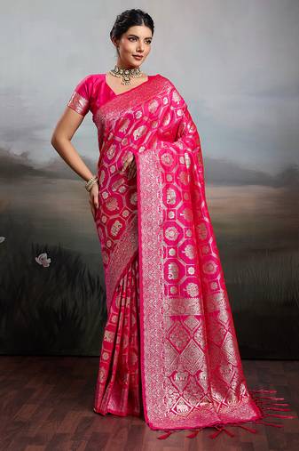 Rani pink color silk blend fabric woven designer heavy ceremonial saree
