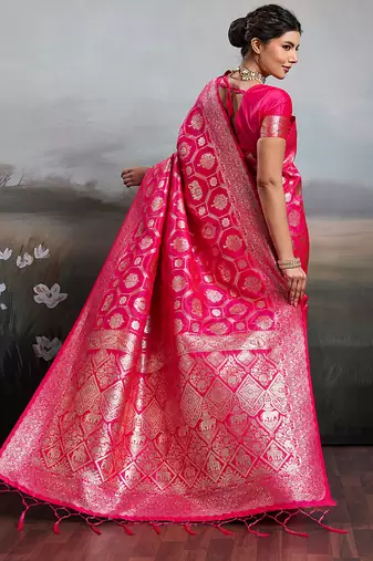 Rani pink silk blend woven heavy ceremonial saree