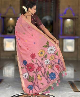 Pink cotton silk blend wevon meenakari ethnic partywear saree 2