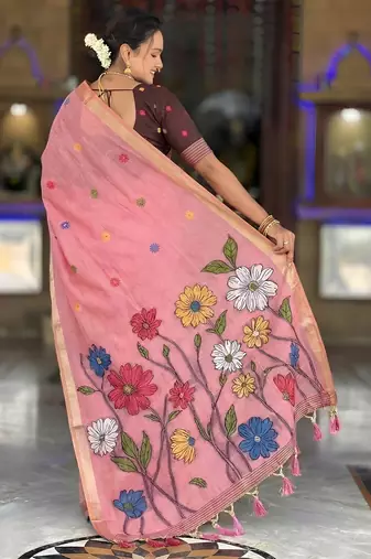 Pink cotton silk blend wevon meenakari ethnic partywear saree