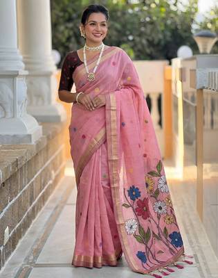 Pink cotton silk blend wevon meenakari ethnic partywear saree 4