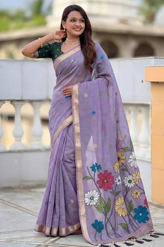 Lavender color cotton silk fabric  wevon meenakari designer ethnic partywear saree