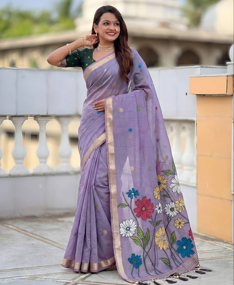 Lavender color cotton silk fabric  wevon meenakari designer ethnic partywear saree