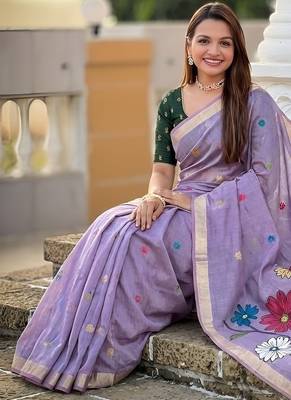 Lavender cotton silk blend wevon meenakari ethnic partywear saree 3