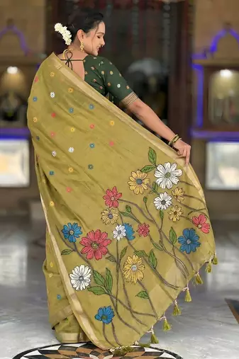 Mahendi cotton silk blend wevon meenakari ethnic partywear saree