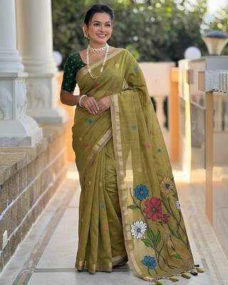 Mahendi cotton silk blend wevon meenakari ethnic partywear saree 4