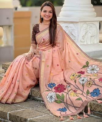 Peach cotton silk blend wevon meenakari ethnic partywear saree 3