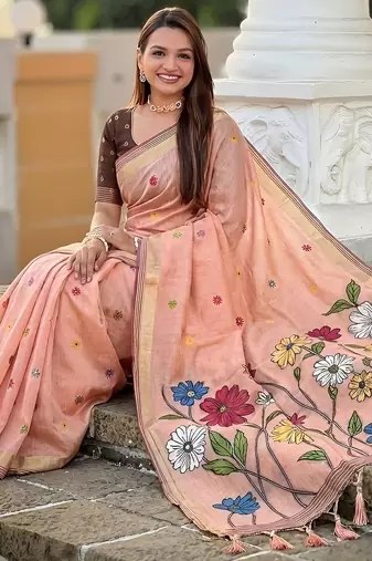 Peach cotton silk blend wevon meenakari ethnic partywear saree