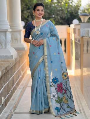 Sky blue cotton silk blend wevon meenakari ethnic partywear saree 1