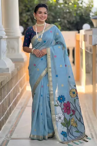 Sky blue cotton silk fabric wevon meenakari designer ethnic partywear saree
