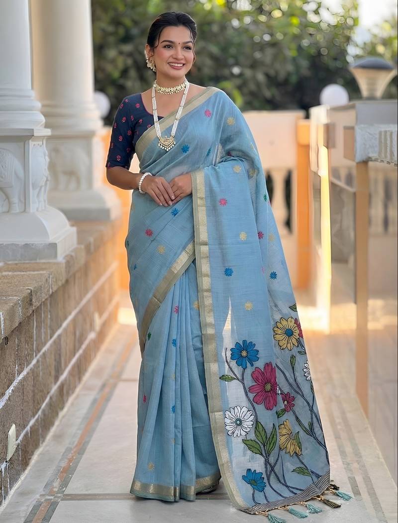 Sky blue color cotton silk fabric  wevon meenakari designer ethnic partywear saree