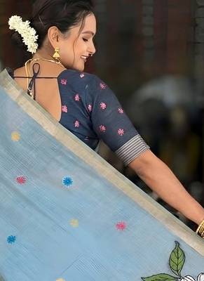 Sky blue cotton silk blend wevon meenakari ethnic partywear saree 2