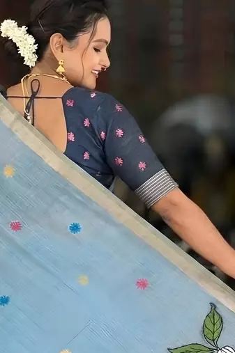 Sky blue cotton silk blend wevon meenakari ethnic partywear saree