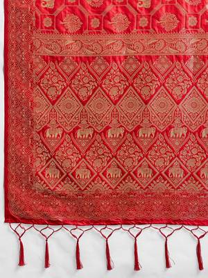 Red silk blend woven heavy ceremonial saree 4