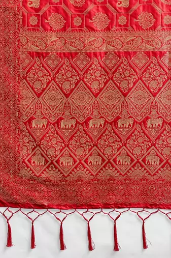 Red silk blend woven heavy ceremonial saree